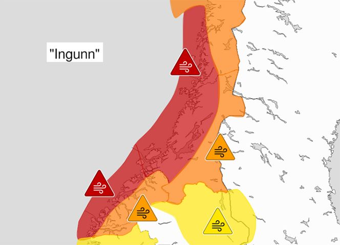 Grafikk som viser området som er omfattet av farevarselet i forbindelse med ekstremværet “Ingunn” . Foto: Meteorologisk institutt / NTB Foto: Meteorologisk institutt
