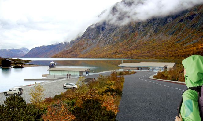 Skisse av det nye servicebygget/kafébygget på Gjende samt båtterminalen, sett fra veien. Foto: Knut Hjeltnes sivilarkitekter MNAL AS