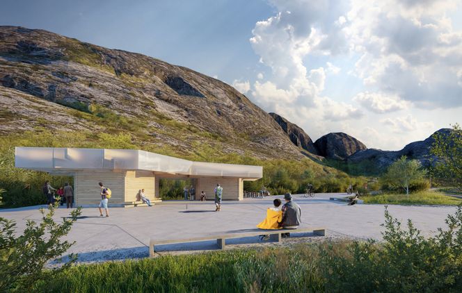 Skisse av servicebygg ved Torghatten. <span>Foto: Atelier Oslo Sivilarkitekter MNA</span> Foto: Atelier Oslo Sivilarkitekter MNA