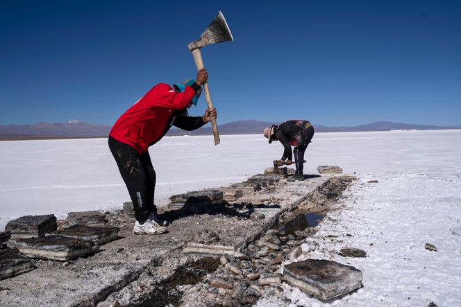 Arbeidere høster salt ved Salinas Grandes-saltflaten i Jujuy, Argentina. Foto: AP/NTB