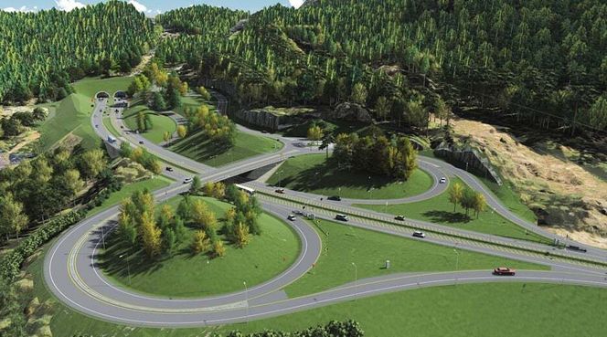 Modell av framtidig løsning ved Verpen, med kryss og portal til Oslofjordtunnelen. Illustrasjon:  Statens vegvesen