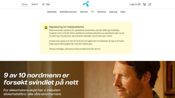 Skjermdump av Telenors statusoppdatering om feil i mobilnettet, klokka 15.03. Foto: Telenor