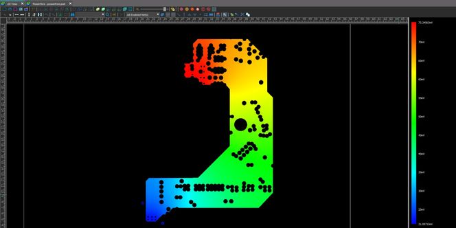 Eksempel på et resultat fra en IR Drop-analyse. Bildet viser DC-spenningstap over forsyningsplanet til en IC. Andre visninger kan vise strømtetthet eller strøm i hver via. Foto:  Nordcad