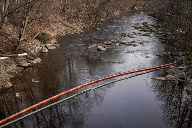 Det er lagt ut lenser i Sandvikselva etter at flere tonn olje har lekket ut etter innbrudd og skadeverk på Hamang transformatorstasjon i Bærum. Foto: Ole Berg-Rusten/NTB