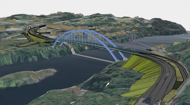 Her skimter vi den gamle hengebrua bak modellen av den nye buebrua over Alversund. Foto: Vestland fylkeskommune