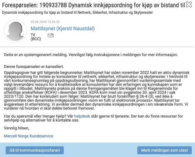 Mattilsynet måtte trekke sin dynamiske rammeavtale etter å ha intervjuet kandidater til en konsulentavtale.