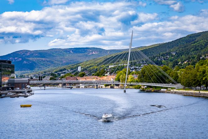 Ypsilon bru i Drammen. Kontorene til Statens vegvesen har utsikt over Drammenselva. Foto: TUM Studio