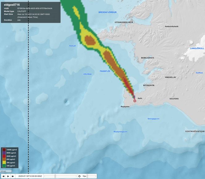 Kart som viser den eruptive sprekken ved Grindavik. Sprekken er omtrent 700 til 1000 meter lang. Siden utbruddet startet, har sprekken forflyttet seg nordover. Lavaen strømmer for det meste mot sørøst og nærmer seg ikke noen infrastruktur. Foto:  Islands meteorologiske institutt / NTB