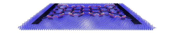 Grafén-ark med kirigami-inspirerte kutt strukket over et krystall-underlag, her silisium. Illustrasjon: Mikkel Metzsch Juel