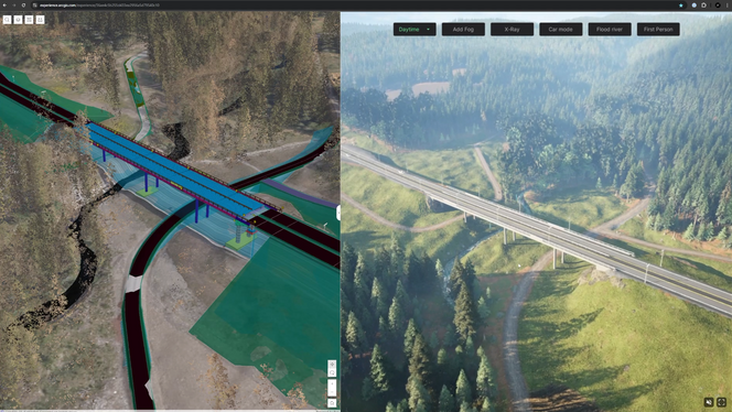 I GEOS går du fra modell til opplevelse: Her kan du hente opp BIM-modellene dine inn i et naturtro miljø og gjøre simuleringer på toppen av dette. f.eks. ved å vise flomscenarier. Foto:  Geodata
