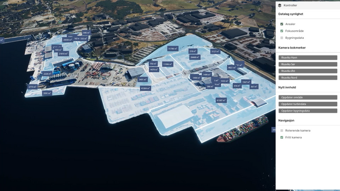GEOS visualiserer GIS-data fra ArcGIS i en spillmotor og gjør det mulig å utforske fremtidsscenarioer – slik at havnens utvikling kan kommuniseres tydelig til alle interessenter. Foto:  Geodata