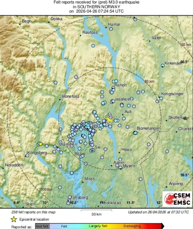 Områdene som er rammet søndag formiddag, ifølge EUs jordskjelvtjeneste. Skjermbilde:  EUs jordskjelvtjeneste