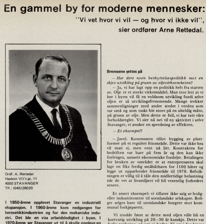 Teknisk Ukeblad 26. august 1974. Intervju med Stavangers ordfører Arne Rettedal, som drev en offensiv og gjennomtenkt politikk for oljehovedstaden.