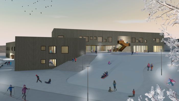 Levende: Nye Ytre Enebakk Skole blir et mer levende sted, både for de som bygger og de som skal gå på skole når naturmaterialene kommer inn. Illustrasjon: Planforum Arkitekter AS.