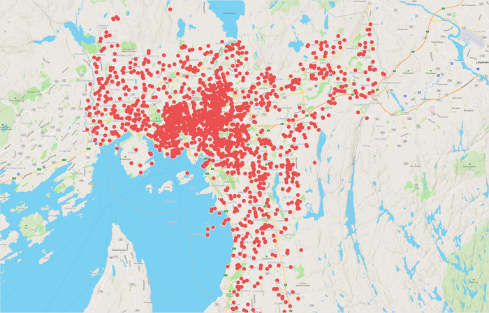 Dette kartet viser en oversikt over alle Nabobilene som er tilgjengelig i Oslo i dag. Av 5000 registrerte kjøretøy befinner over 2500 seg her.  