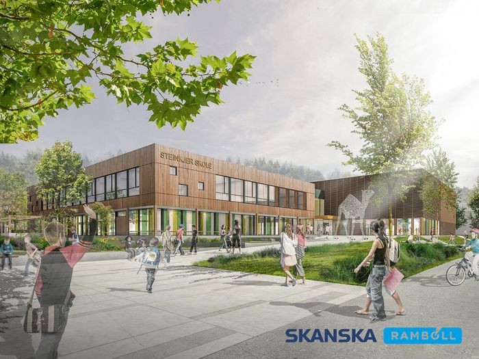  Nye Steinkjer skole åpnet 19. august og har plass til 400 elever. Skanska har stått for byggingen, og Rambøll for utformingen. <i>Foto:  Skanska/ Rambøll</i>