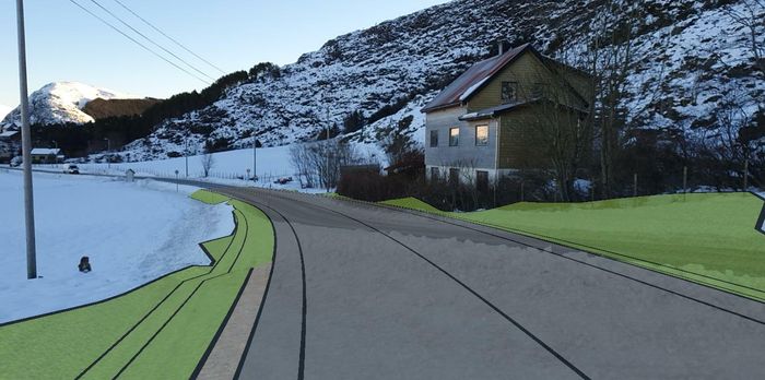 Bildet er hentet fra SiteVision og Nerlandsøybru-prosjektet, og viser med riktig størrelse og plassering hvordan ny veg vil tilpasse seg den eksisterende vegen <i>Foto:  Rambøll</i>