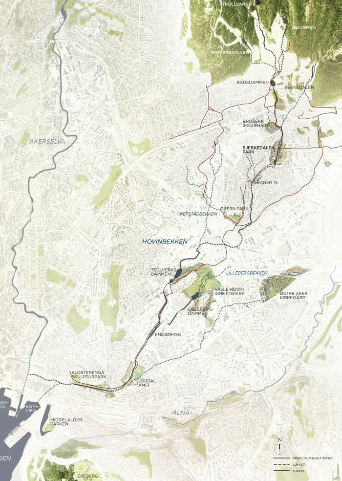 Kartet viser åpningsprosjektene knyttet til Hovinbekken i Oslo. <i>Illustrasjon:  Dronninga Landskap</i>