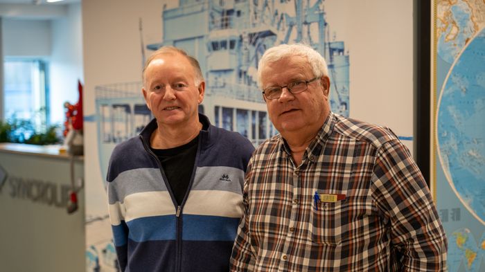 Harald Dyb (t.v.) og Ivar Andersen i Syncrolift AS. <i>Foto:  TUM Studio</i>