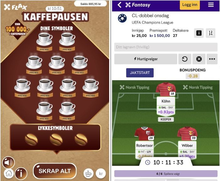 Kaffepausen og Fantasy, to av mobilspillene til Norsk Tipping. 