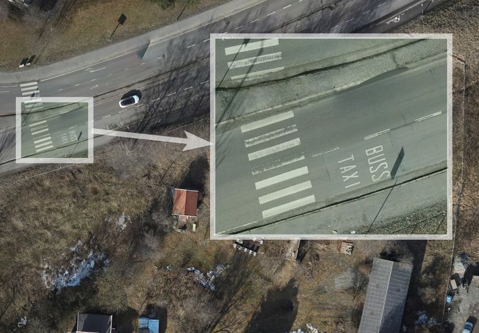 Ortofoto fra dronekartlegging. Utsnitt med detaljer til høyre. Bakkeoppløsning er 3 cm (GSD).
