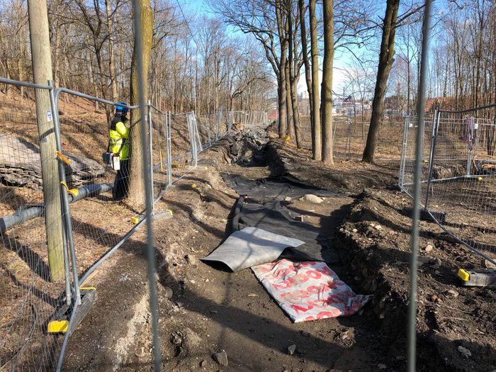 I skogpartiet mellom Reiverhavnen og ballplassen møtte arkeologen og gravemaskinen på gamle hustufter. <i>Foto:  Vann- og avløpsetaten</i>