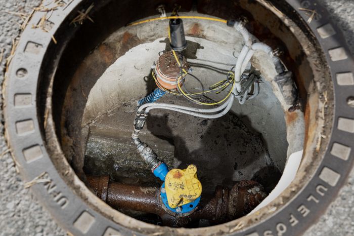 Her er det montert en såkalt hydrofon på vannledningen, med sendere som sitter rett under kumlokket. <i>Foto:  TUM Studio</i>