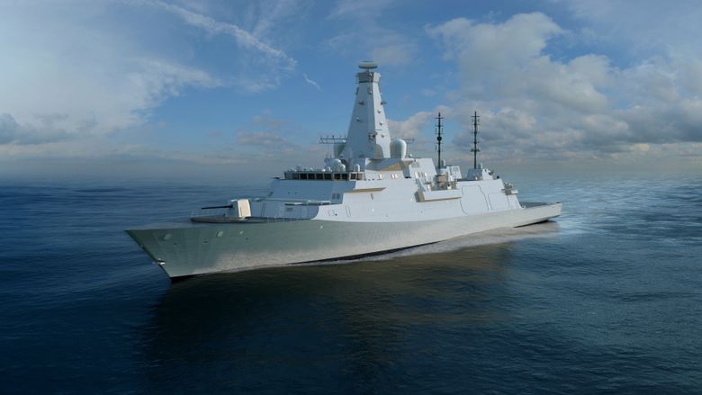 Type 26, produsert av BAE Systems, er den britiske fregatten – med anti-ubåt-missiler og luftvern. Den er svært stillegående med et svært avansert sonarsystem og et deplasement på 7600 tonn. <em>Illustrasjon: BAE Systems</em>