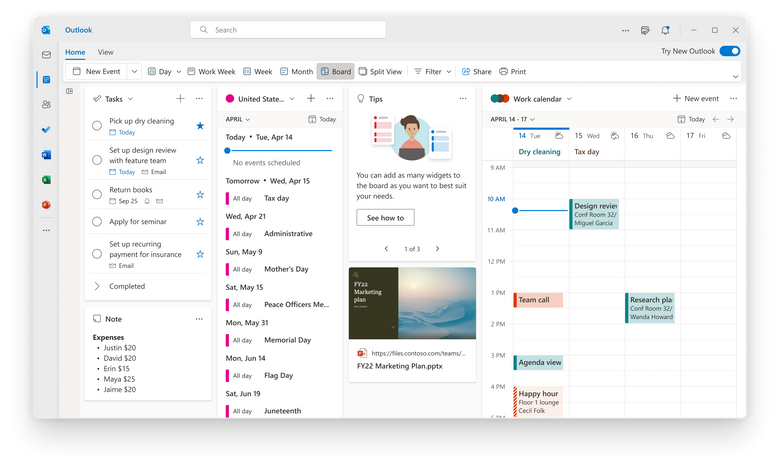Outlooks nye kalendervisning «Board-view» viser brett med ulik informasjon. <i>Skjermbilde: Microsoft</i>