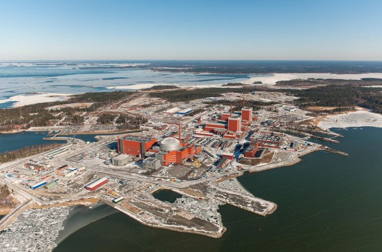 Halvøya Olkiluoto, med kjernekraftreaktorene 1, 2 og 3, med samme navn. <i>Foto:  TVO</i>