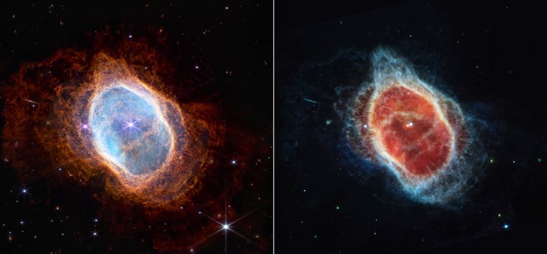 Dette kombinasjonsfotoet som Nasa offentliggjorde en stund etter det første, viser observasjoner fra sørlige Ring Nebula i nesten infrarødt lys (t.v.) og middels infrarødt lys. Bildene er tatt av James Webb-teleskopet. <i>Foto:  NASA/ESA/CSA/STScI via AP/NTB</i>