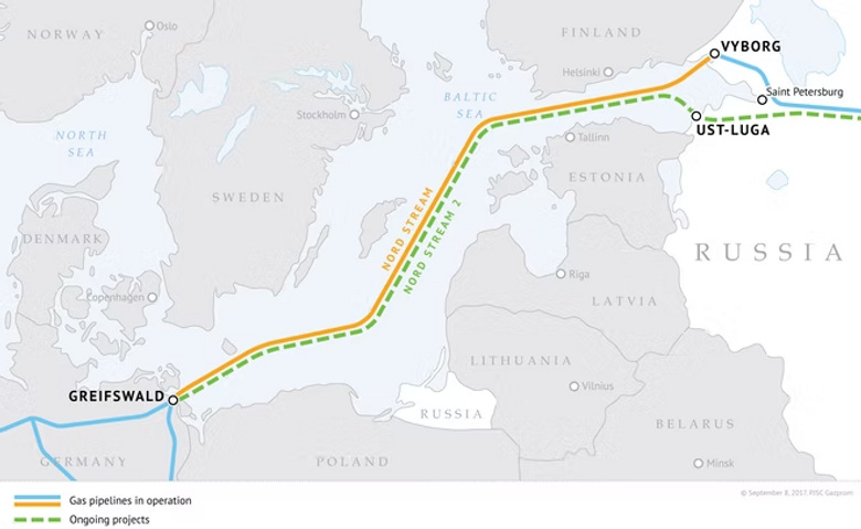 Dette er trassen for Nord Stream 1 og 2. Nord Stream 2 kom ikke i drift pga. krigen i Ukraina. <i>Illustrasjon:  Gazprom</i>