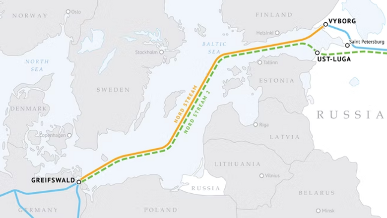Dette er traseen for Nord Stream 1 og 2. Nord Stream 2 kom ikke i drift på grunn av krigen i Ukraina. <i>Illustrasjon: Gazprom</i>