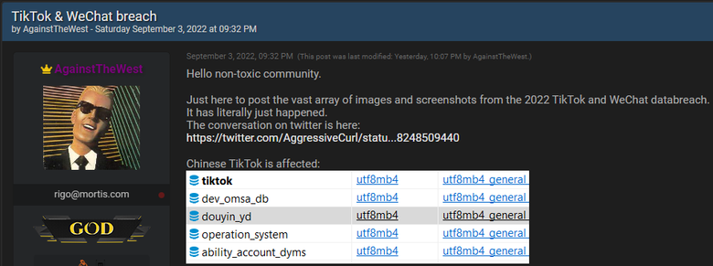 AgainstTheWest påstår å ha hacket TikTok, men TikTok avviser at det har vært noe datainnbrudd og sier alt enten er falskt, eller var åpent tilgjengelig. <i>Foto:  Skjermdump</i>