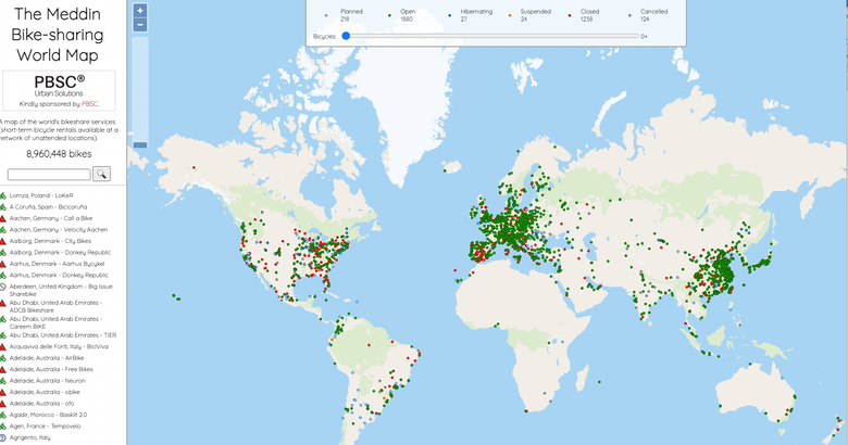 Meddin Bike-sharing World Map er et søkbart kart over sykkeldelingstjenester i verden. Databasen inneholder mer enn 3000 ulike tjenester med nesten 9 millioner sykler, flesteparten i Europa, Asia og USA. <i>Skjermbilde:  PBSC</i>