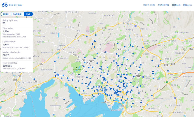 Kartet fra Oslo City Bike. Dette viser parkeringsstasjoner og hvor mange sykler som er på hvert sted. Forskerne brukte ekte data fra Oslo City Bikes for å teste ut optimaliseringsmodellen. <i>Foto:  Oslo bysykkel</i>