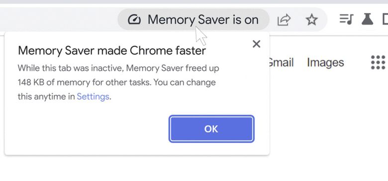 Memory Saver kan fortelle brukeren hvor mye minne den hadde frigjort mens den aktive fanen var inaktiv. <i>Illustrasjon:  Google</i>