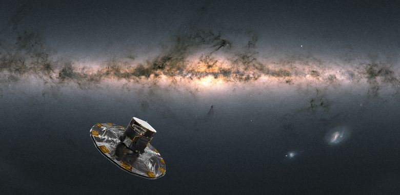 Illustrasjon av romteleskopet Gaia i verdensrommet. <i>Illustrasjon:  ESA/ATG Medialab, ESA/Gaia/DPAC– CC BY-SA 3.0, A. Moitinho</i>