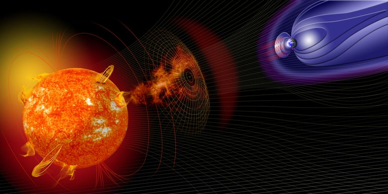 Illustrasjonen fra Nasa Goddard Space Flight Center viser hvordan masse fra utbrudd på solen beveger seg mot jordens magnetfelt. <i>Foto:  Nasa/Flickr.com CC BY 2.0</i>