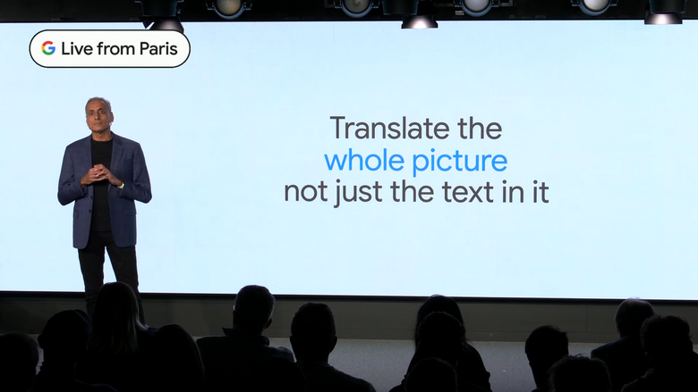  Parabahkar Raghavan fortalte fra scenen i Paris at det ikke er nok med bare oversettelse av tekst, Google er fokuserte på at du også skal kunne bruke bilder både i søk, og for å skjønne hva du ser på.  <i>Skjermbilde:  Google</i>