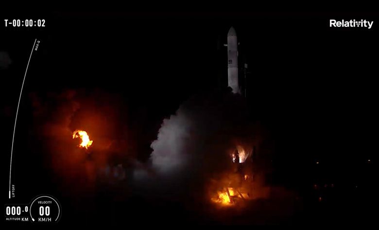 Terran 1-raketten ble skutt opp på et vellykket tredje forsøk. <i>Foto:  Relativity Space / AP / NTB</i>