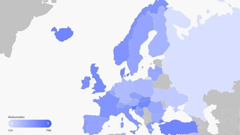 Oversikt over europeiske land som er inkludert i det analyserte datasettet av stjålne kortdata. Norge ligger på en europeisk åttendeplass. <i>Foto: NordVPN</i>
