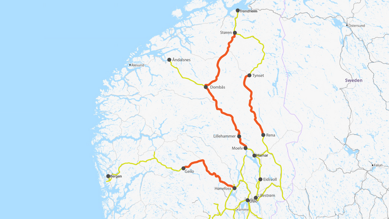 Kartet viser de stengte togstrekningene i Sør-Norge fredag ettermiddag. <i>Bilde:  Kjersti Magnusson</i>