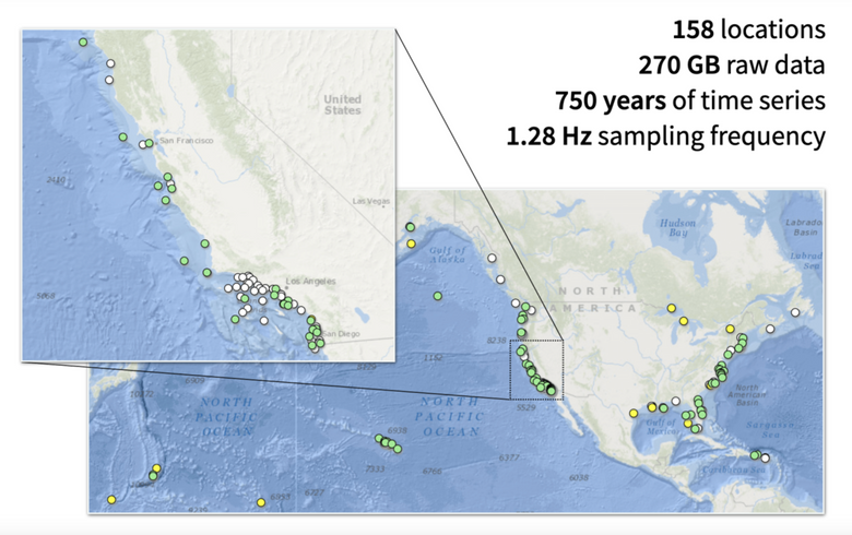 Kart over plasseringen av de 150 bøyene utenfor USAs kyst som døgnet rundt har samlet inn bølgedata. <i>Illustrasjon:  Dion Häfner</i>