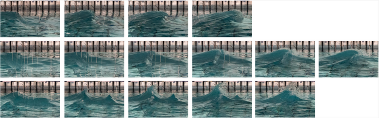 Bilder fra en simulering av Draupner-bølgen laget i 2019 som en del av et forskningsprosjekt. Her kan det observeres hvordan krappheten til bølgen dannes og hvordan toppen av en monsterbølge bryter når bølger krysser hverandre i ulike vinkler. <i>Illustrasjon:  McAllister et al 2019</i>