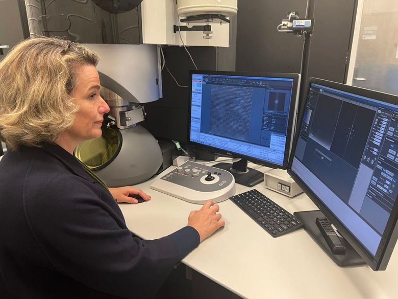 Patricia Carvalho i Sintef ser her på dypingitt med transmisjonselektronmikroskopet på Nortem i Oslo. <i>Foto:  Sintef</i>