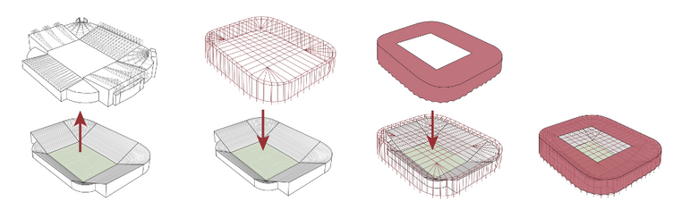 Dette er forslaget: Først fjerner man utsiden av Old Trafford (t.v.), det neste diagrammet viser det nye indre strukturen, som delvis er gjenbruk, deretter plasseres et hitech ytre lag over – og til sist vises det som altså kan bli det endelige (forenklede) utseendet. <i>Illustrasjon:  Vill Arkitektur</i>