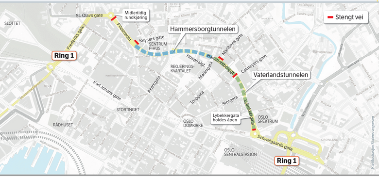 Kart over det som blir anleggsområdet. De røde linjene viser stengt vei. <i>Illustrasjon:  Statens vegvesen</i>
