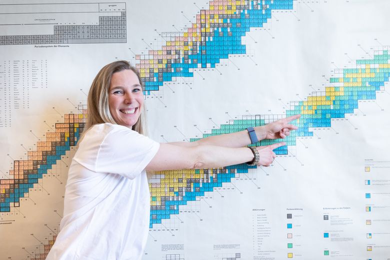 – Vi bruker årevis på å analysere én atomkjerne. Så selv om vi gjennomfører eksperimentene våre døgnet rundt, er det umulig å komme i mål, forteller Ann-Cecilie Larsen og viser nuklidekartet, som er selve bibelen for kjernefysikere. Her har de en detaljert oversikt over alle egenskapene, for eksempel halveringstiden, til alle de kjente variasjonene av grunnstoffene våre. <i>Foto:  Yngve Vogt/Apollon</i>