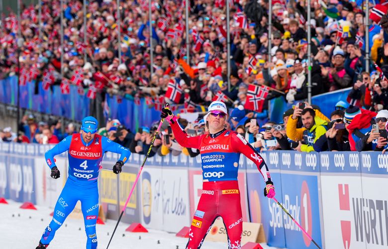 Johannes Høsflot Klæbo vinner sprinten under ski-VM i Granåsen – den første av seks gullmedaljer <span>Foto: Lise Åserud/NTB</span>